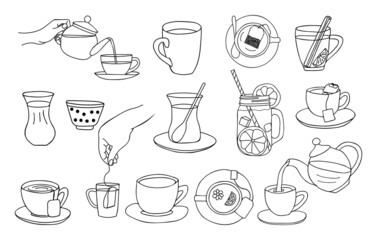 Hand drawn tea cup illustrations collection. Doodle tea icons collection. Set of hand drawn tea illustrations.