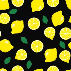 Seamless pattern lemons slices, flat style fruits on a black background