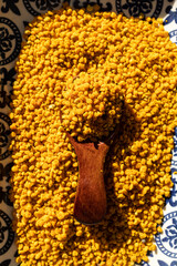 Fresh bee pollen, a source of vegetarian protein.