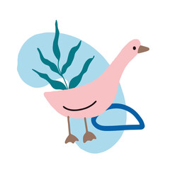 Cute pink goose with blue doodle elements, leaves on white background