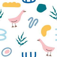 Seamless pattern with little cute pink goose, leaf and freeform doodle objects on white background modern abstraction