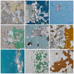 Set of peeling paint textures. Old concrete walls with cracked flaking paint. Weathered rough painted surfaces with patterns of cracks and peeling. Collection of grunge backgrounds for design.