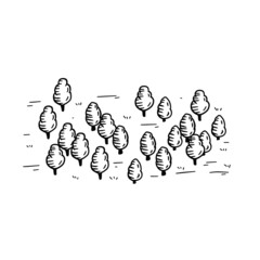 Sketch forest for map. Hand drawn trees. Park area. Natural landscape. Doodle outline cartoon