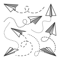 Various hand drawn paper planes. Black doodle airplanes with dotted route line. Aircraft icon, simple monochrome plane silhouettes. Outline, line art. Vector illustration.