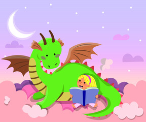 A girl is dreaming with dragon. Children's dream with a dragon reading a book. Flat vector illustration of dragon and girl. 