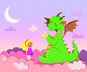 A girl is dreaming with dragon. Children's dream with a dragon giving a crown. Flat vector illustration of dragon and girl. 