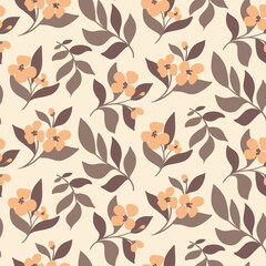 Fototapeta na wymiar Delicate floral print with simple flower branches in pastel colors. Seamless pattern, romantic botanical background with flowers and leaves on branches in liberty composition. Vector illustration.