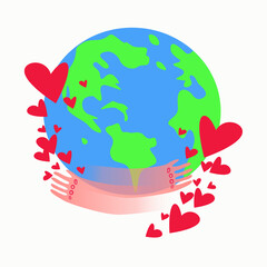 World environment day, Earth, Ecology and Nature concepts. Hands hugging the planet Earth against the background of hearts. April 22 holiday. Stock vector illustration isolated on white background. 