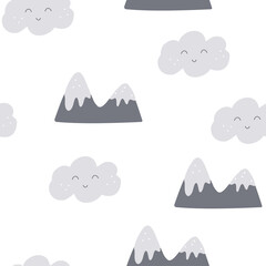 Seamless pattern child clouds and mountains on white background in cartoon style