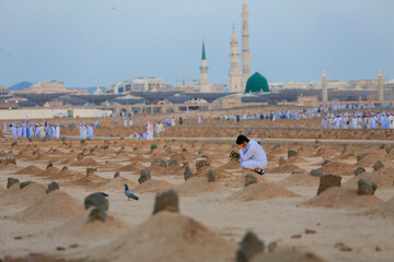 View of Baqee' Muslim cemetary at Masjid (mosque) Nabawi in Al Madinah, Kingdom of Saudi Arabia.
