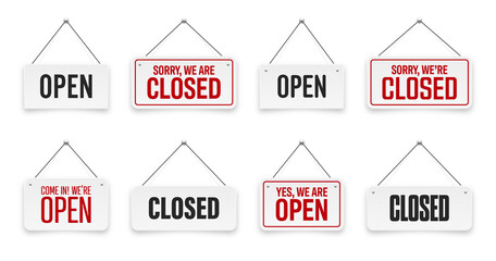 Realistic open or closed hanging signboards. Vintage door sign for cafe, restaurant, bar or retail store. Announcement banner, information signage for business or service. Vector illustration