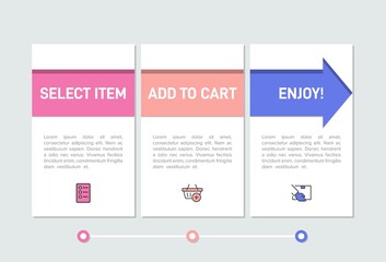 Concept of shopping process with 3 successive steps. Three colorful graphic elements. Timeline design for brochure, presentation, web site. Infographic design layout.