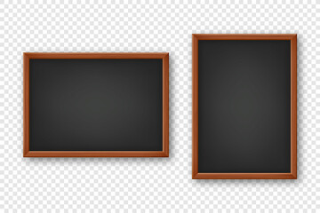Realistic blank chalkboard in a wooden frame. School blackboard with traces of chalk, writing surface for text or drawing. Presentation board, online studying and e-learning. Vector illustration