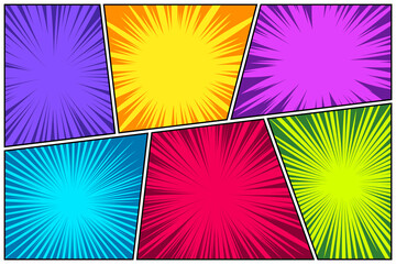 Comic book colorful radial lines collection. Cartoon comics background with motion, speed lines. Retro Pop Art style. Vector illustration.