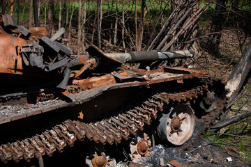 rusty caterpillar of a burnt tank