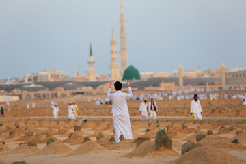 View of Baqee' Muslim cemetary at Masjid (mosque) Nabawi in Al Madinah, Kingdom of Saudi Arabia.