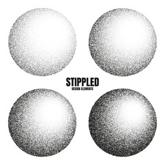 Round shaped dotted objects, stipple elements. Fading gradient. Stippling, dotwork drawing, shading using dots. Pixel disintegration, halftone effect. White noise grainy texture. Vector illustration