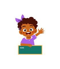 little kid holding name tag and feel happy