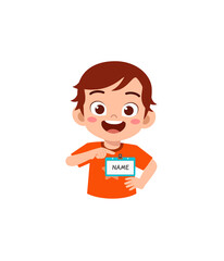 little kid holding name tag and feel happy