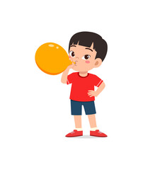 little kid standing and blowing a balloon