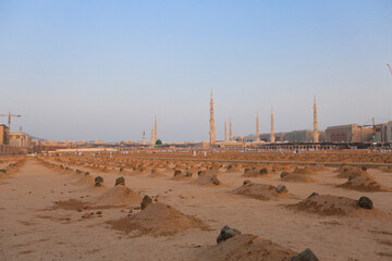 View of Baqee' Muslim cemetary at Masjid (mosque) Nabawi in Al Madinah, Kingdom of Saudi Arabia.