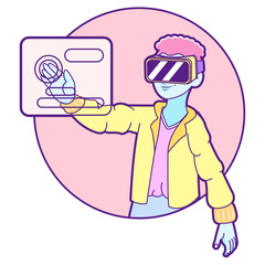 Young man Virtual reality glasses Game simulator Vector illustration
