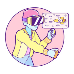 Young man Virtual reality glasses Game simulator Vector illustration