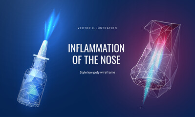 Nose disease in futuristic polygonal style. Treatment of rhinitis or allergies with spray. Otolaryngologist's landing page. Vector illustration demonstrates pain and inflammation on the nasal mucosa - obrazy, fototapety, plakaty