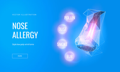 Nose diseases in infographics in futuristic polygonal style. Nose pain concept digital polygonal vector illustration on blue background. Otolaryngologist banner about seasonal allergy treatment - obrazy, fototapety, plakaty