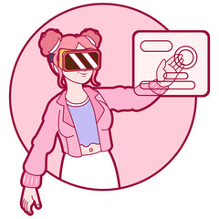 Young woman Virtual reality glasses Game simulator Vector illustration
