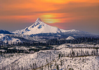 Fototapeta na wymiar Snow covered Mt Washington at sunrise with burned trees from a forest fire in foreground in central Oregon near town of Sisters in Willamette National Forest