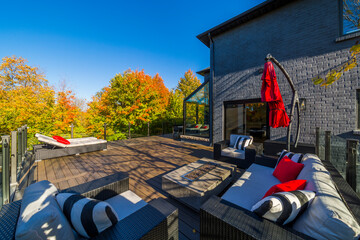 Backyard deck of custom built luxury house in the suburbs of Toronto, Canada.
