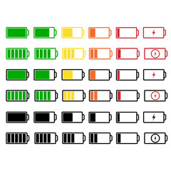 Set of capacity battery icons. Mobile phone charge level illustration sign collection in flat style. Battery icon set. Battery charge charging indicator icons. Battery energy level symbols. image jpg
