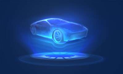 Car hologram in digital futuristic style. Automotive machine projection, analysis or diagnostics concept. Vector illustration with light effect and neon