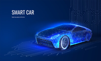 Digital car in a futuristic style. Concept for a banner or landing page for the presentation of automotive technology. Vector illustration with light effect and neon