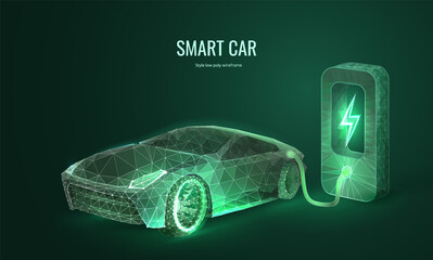 Electric car in digital futuristic style. Eco-friendly vehicle charger. Vector illustration of an electric car on a charge on a green background.