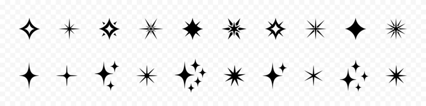 Star icon collection. Black stars icon set. Different star shapes. Sparkle star icon set. Vector graphic