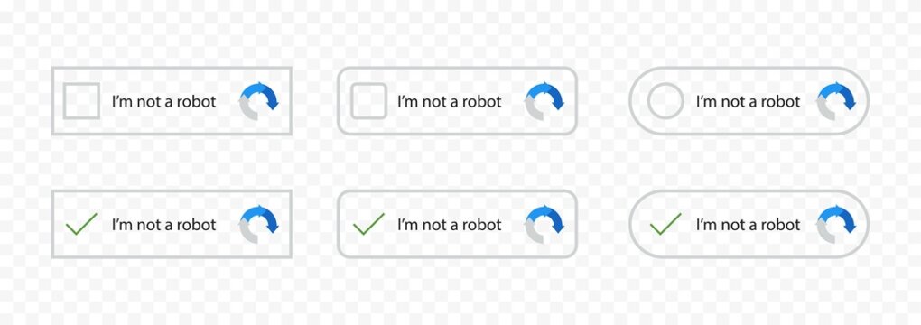 Captcha icons. I'm not a robot buttons. Web site protection. Person verification. Vector captcha icon set. Isolated flat vector graphic