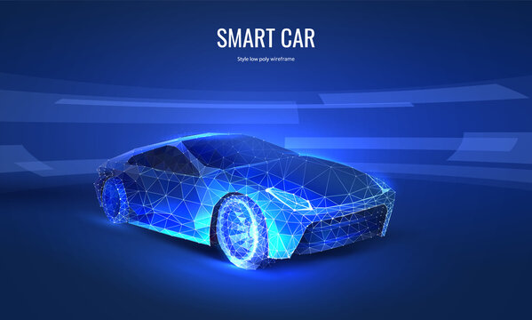 Car Showroom In Digital Futuristic Style. Silhouette Of A Modern Wireframe Car, Vehicle Presentation Concept. Vector Illustration With Light Effect And Neon