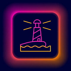 Glowing neon line Lighthouse icon isolated on black background. Colorful outline concept. Vector