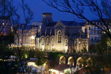 Night view of church Saint Eugenie in Biarritz, France