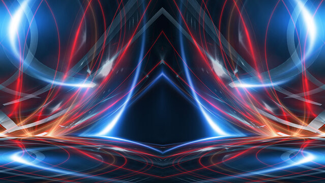 Abstract blue neon background with lines and rays, data center, speed of light, data transfer. Neon light, blue, red, light flash.