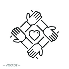 charity effort icon, join the volunteer team, together teamwork, leadership initiative in the employee community, thin line web symbol on white background - editable stroke vector illustration
