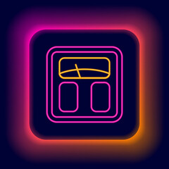 Glowing neon line Bathroom scales icon isolated on black background. Weight measure Equipment. Weight Scale fitness sport concept. Colorful outline concept. Vector