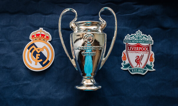 May 5, 2022, Paris, France. Emblems of the finalists of the UEFA Champions League of the 2021/2022 season Liverpool F.C. and Real Madrid CF.