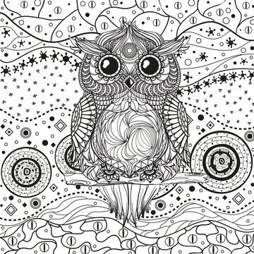 Abstract eastern pattern with owl on isolated white. Zentangle. Hand drawn abstract patterns on isolation background. Design for spiritual relaxation for adults. Black and white illustration