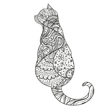 Cat on isolated white. Zentangle. Hand drawn animal with abstract patterns on isolation background. Design for spiritual relaxation for adults. Black and white illustration for coloring. Zen art