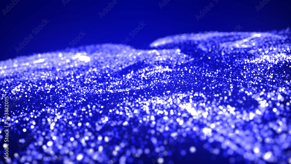 Poster abstract bg with blue magic glitters fly in air and form beautiful swirls. sparkles float in viscous
