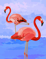 Bright illustration with pink flamingos. Flamingo.