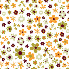 Seamless pattern bright colored summer flowers and leaves. Summer flowers on white background. The elegant the template for fashion prints. Modern floral background. Trendy style. Hand-drawn. Vector
